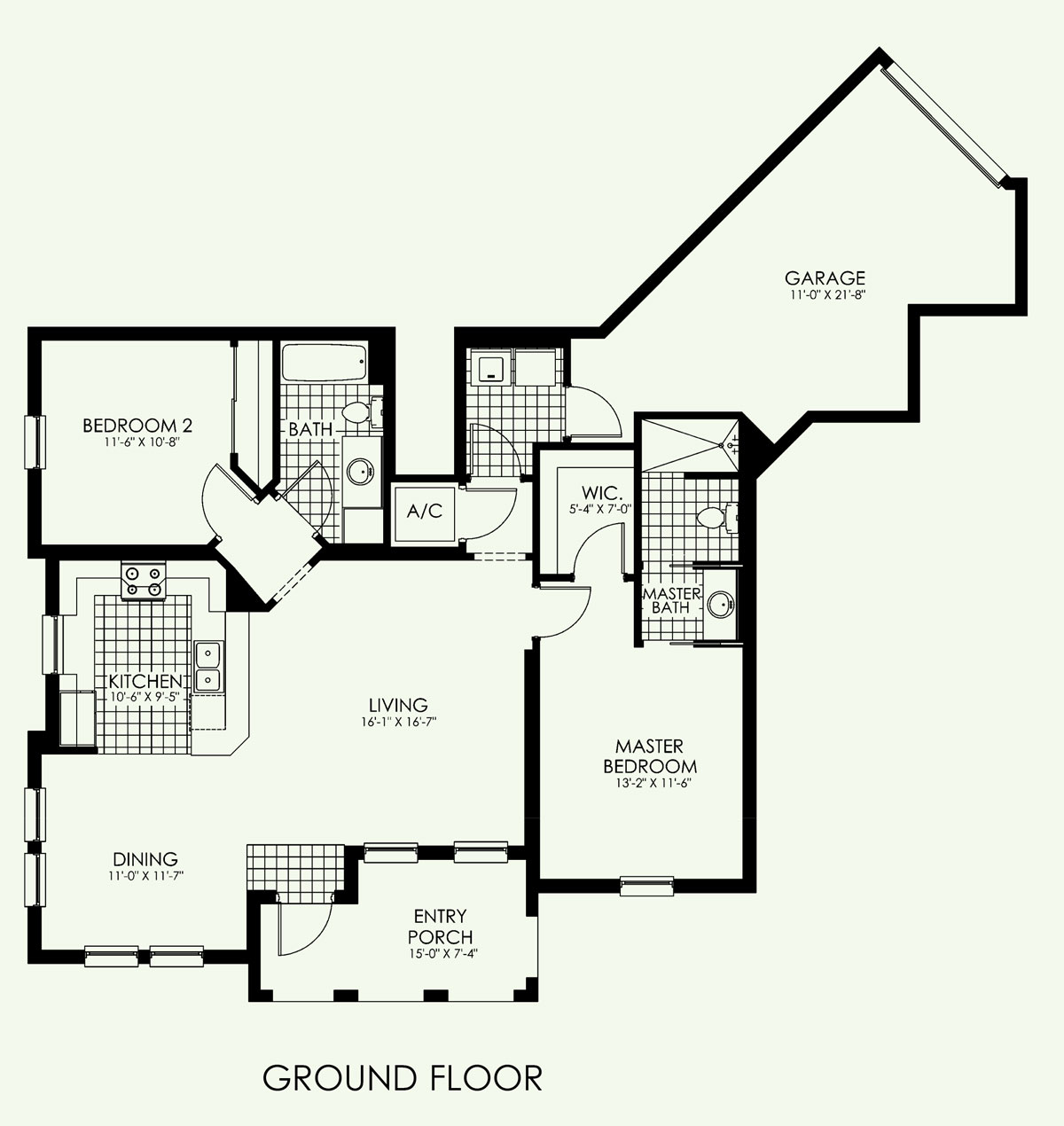 San Fernando Townhome Floor Plan in Paseo, 2 bedroom, 2 bath, living room, dining room, entry porch and 1-car garage